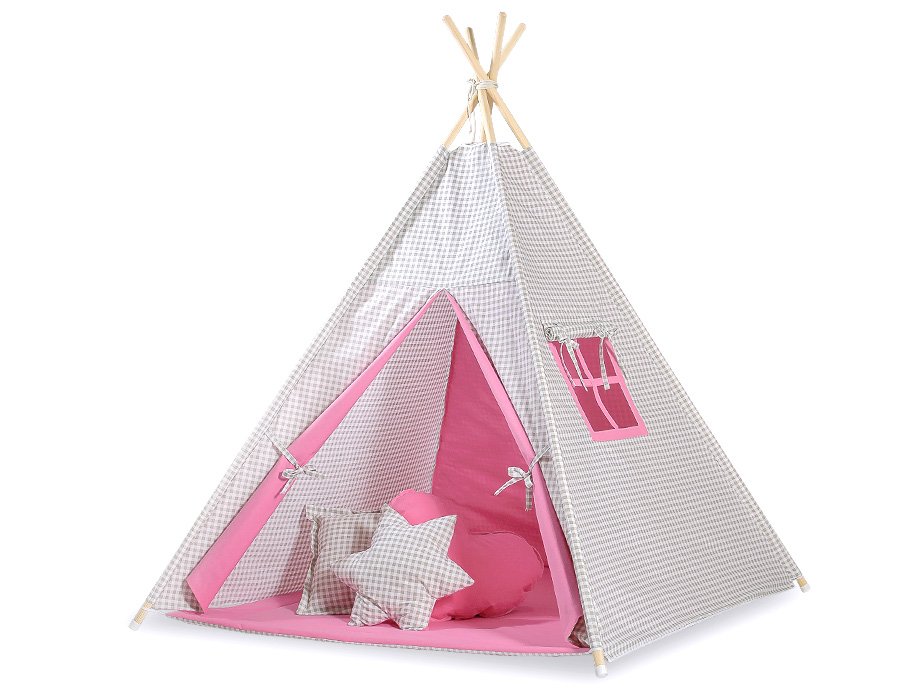 Tipi palapinė vaikams + dekoratyvinės plunksnos - pilki languoti - rožinė - Image 4