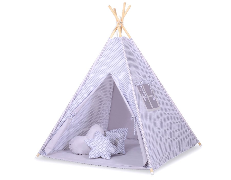 Tipi palapinė vaikams + žaidimo kilimėlis + dekoratyvinės plunksnos - pilka rozetė - Image 4