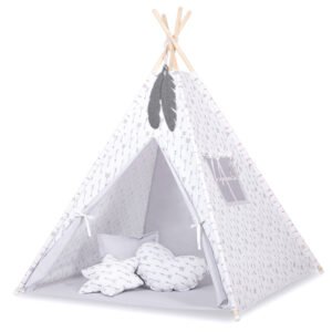 Tipi palapinė vaikams + dekoratyvinės plunksnos - pilkos rodyklės