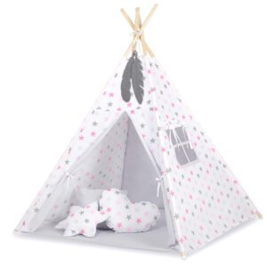 Tipi palapinė vaikams + žaidimo kilimėlis + dekoratyvinės plunksnos - pilkai rožinės žvaigždutės/pilka