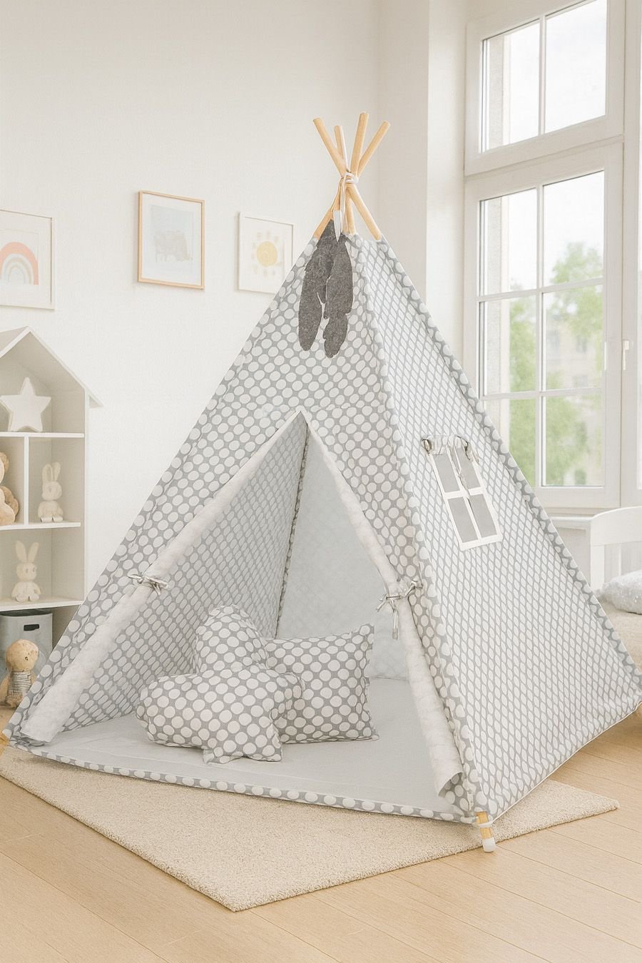 Tipi palapinė vaikams + dekoratyvinės plunksnos - pilka su baltais taškeliais - Image 2
