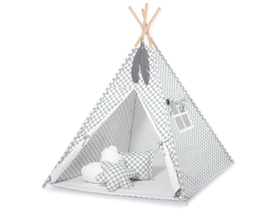 Tipi palapinė vaikams + dekoratyvinės plunksnos - pilka su baltais taškeliais