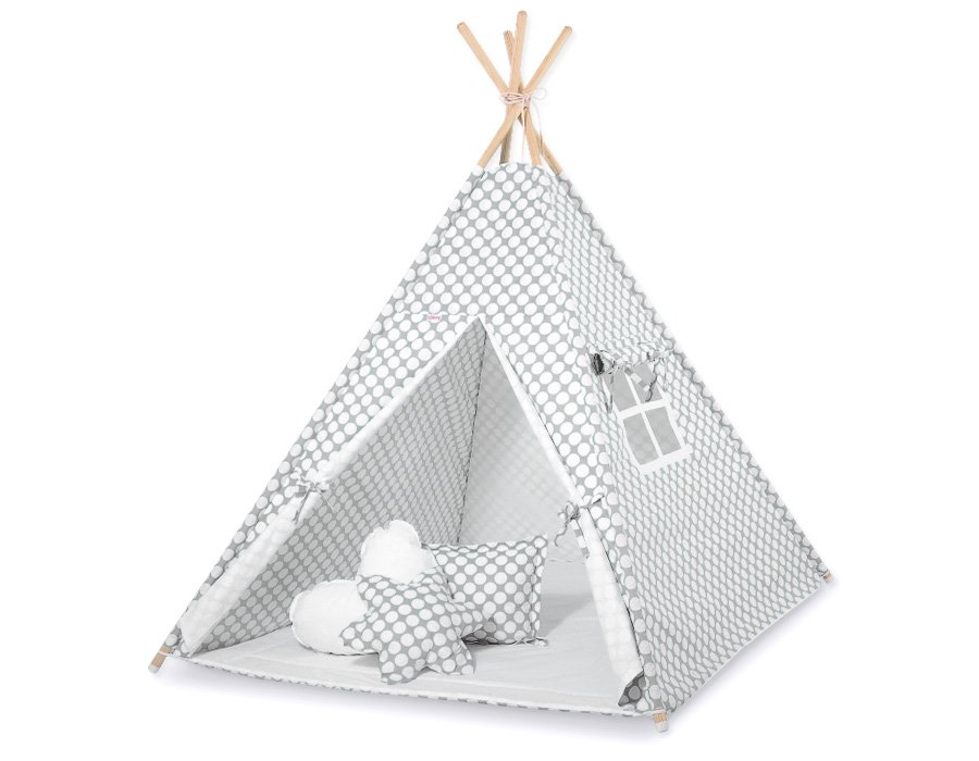 Tipi palapinė vaikams + dekoratyvinės plunksnos - pilka su baltais taškeliais - Image 3
