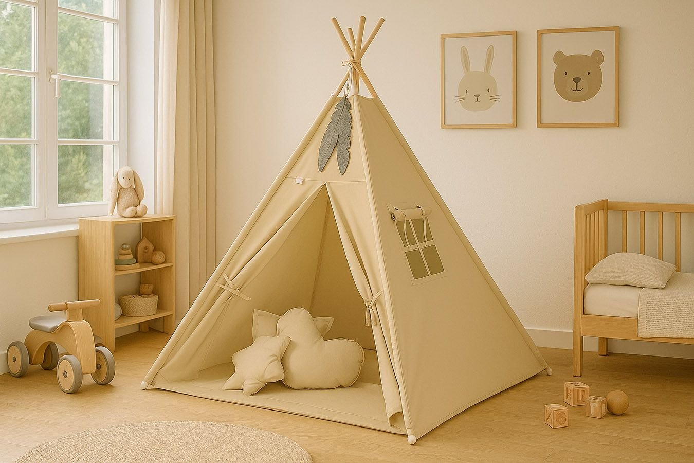 Tipi palapinė vaikams + žaidimo kilimėlis + pagalvėlės + dekoratyvinės plunksnos - smėlio spalvos - Image 7