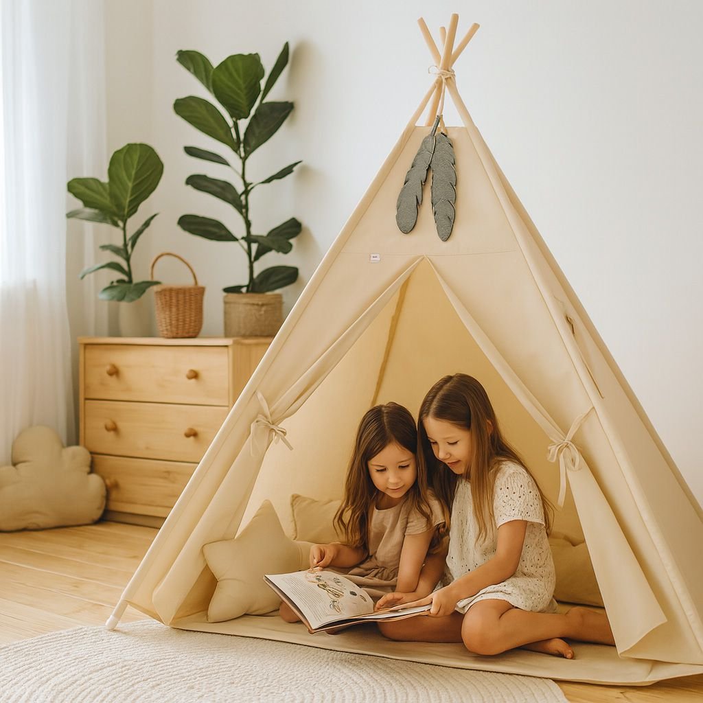 Tipi palapinė vaikams + žaidimo kilimėlis + pagalvėlės + dekoratyvinės plunksnos - smėlio spalvos - Image 8
