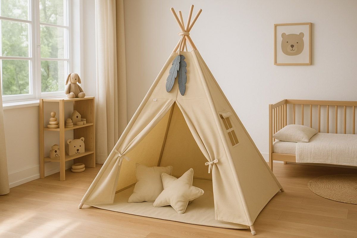 Tipi palapinė vaikams + žaidimo kilimėlis + pagalvėlės + dekoratyvinės plunksnos - smėlio spalvos - Image 10