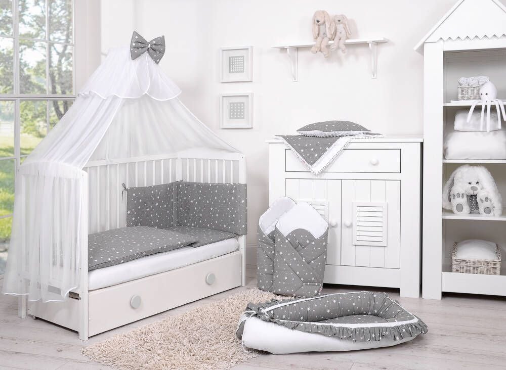 Kūdikio patalynės komplektas iš medvilnės, 2 dalių, 135x100 - mini žvaigždutės balta - Image 4