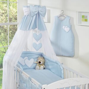 Bedding set 5-pcs 120x90 with canopy - Hanging Hearts blue