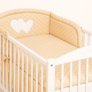 Universal crib rail bumper – Hearts white dots on beige