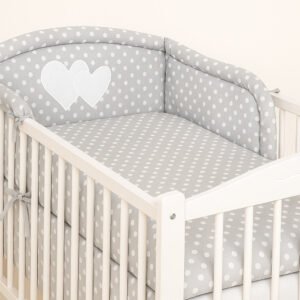 Universal crib rail bumper – Hearts white dots on gray