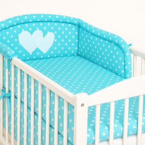 Universal crib rail bumper – Hearts white polka dots on turquoise