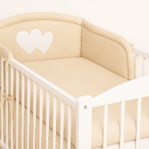 Universal crib rail bumper – Hearts white polka dots on beige
