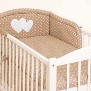 Universal crib rail bumper – Hearts white dots on brown