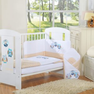 Baby bedding set 135x100 cm with bumper 3-pcs Beige owls with beige and blue embroidery