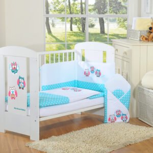 Baby bedding set 135x100 cm with bumper 3-pcs Turquoise Owls with pink and turquoise embroidery
