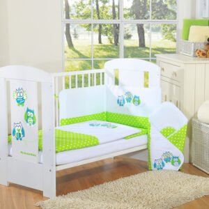 Baby bedding set 135x100 cm with bumper 3-pcs Green Owls with green and turquoise embroidery