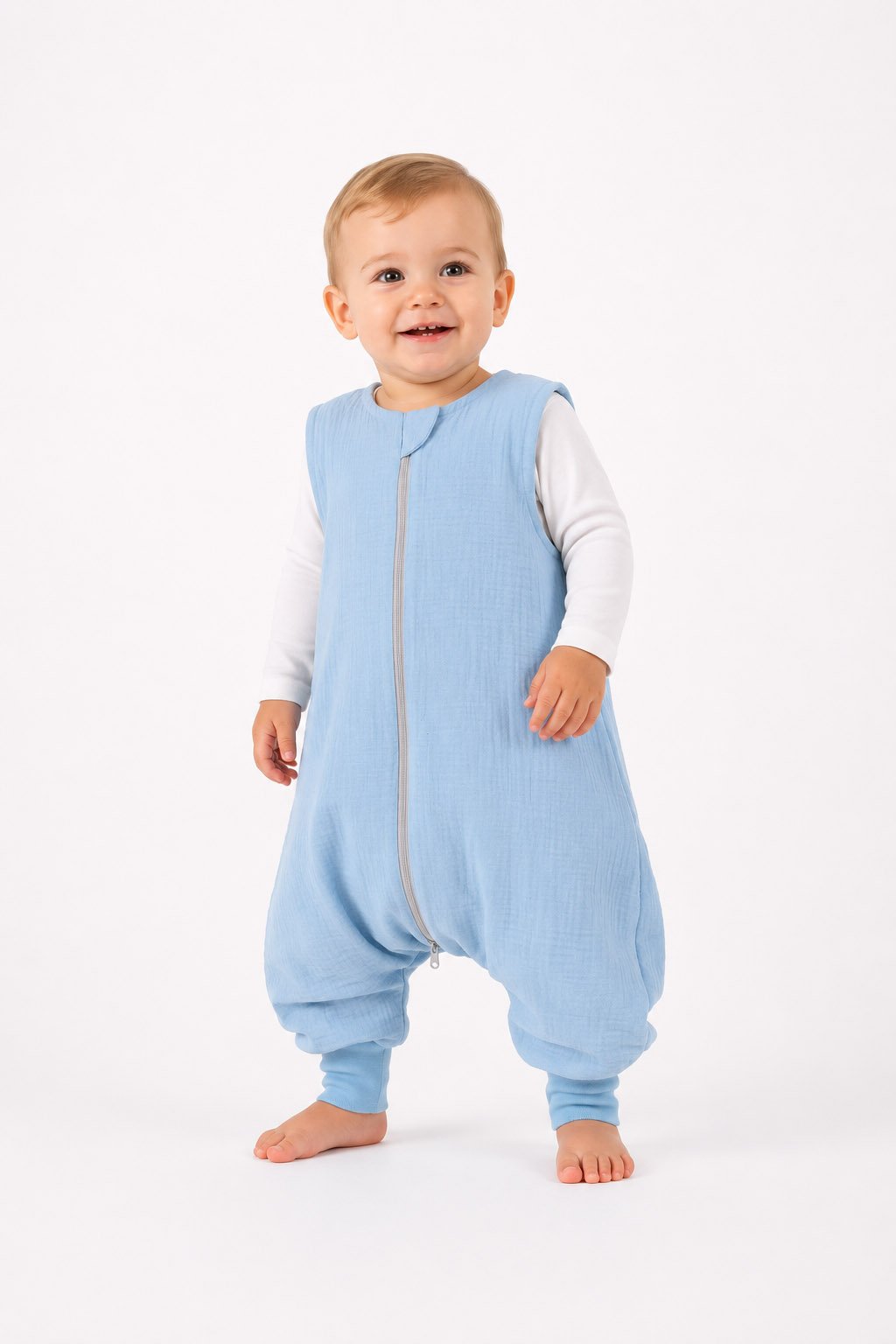 Muslino kūdikio miegmaišis su kojytėmis XL 2-4 m., vasarinis, TOG 1.0 – mėlyna - Image 4